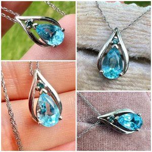 rare Solid 10k white gold genuine green/blue diamond/topaz necklace